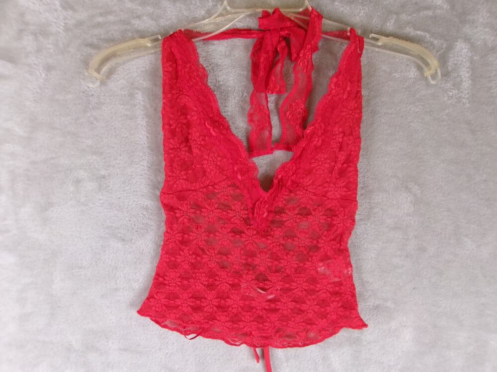Princess Polly Red Lace Halter Crop Top Open Back Tie Back US 2